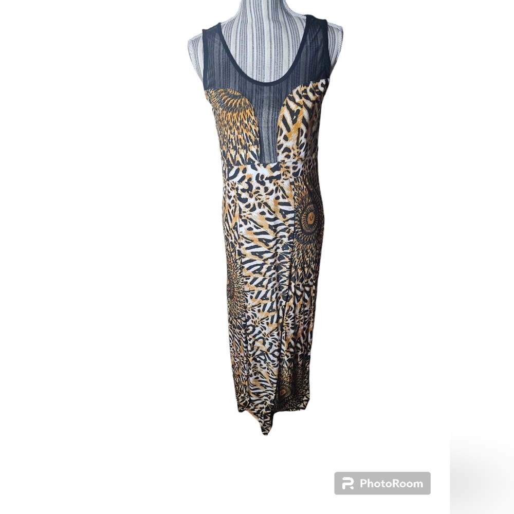 What's Hot women's cream brown black animal print sleeveless maxi dress size L